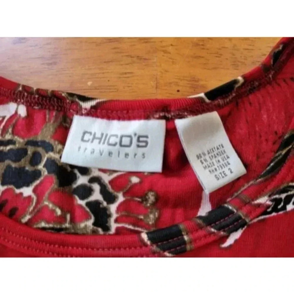 Chicos Travelers Red & Black Floral Print Top Size 2 Womens L Made in USA - Picture 3 of 9